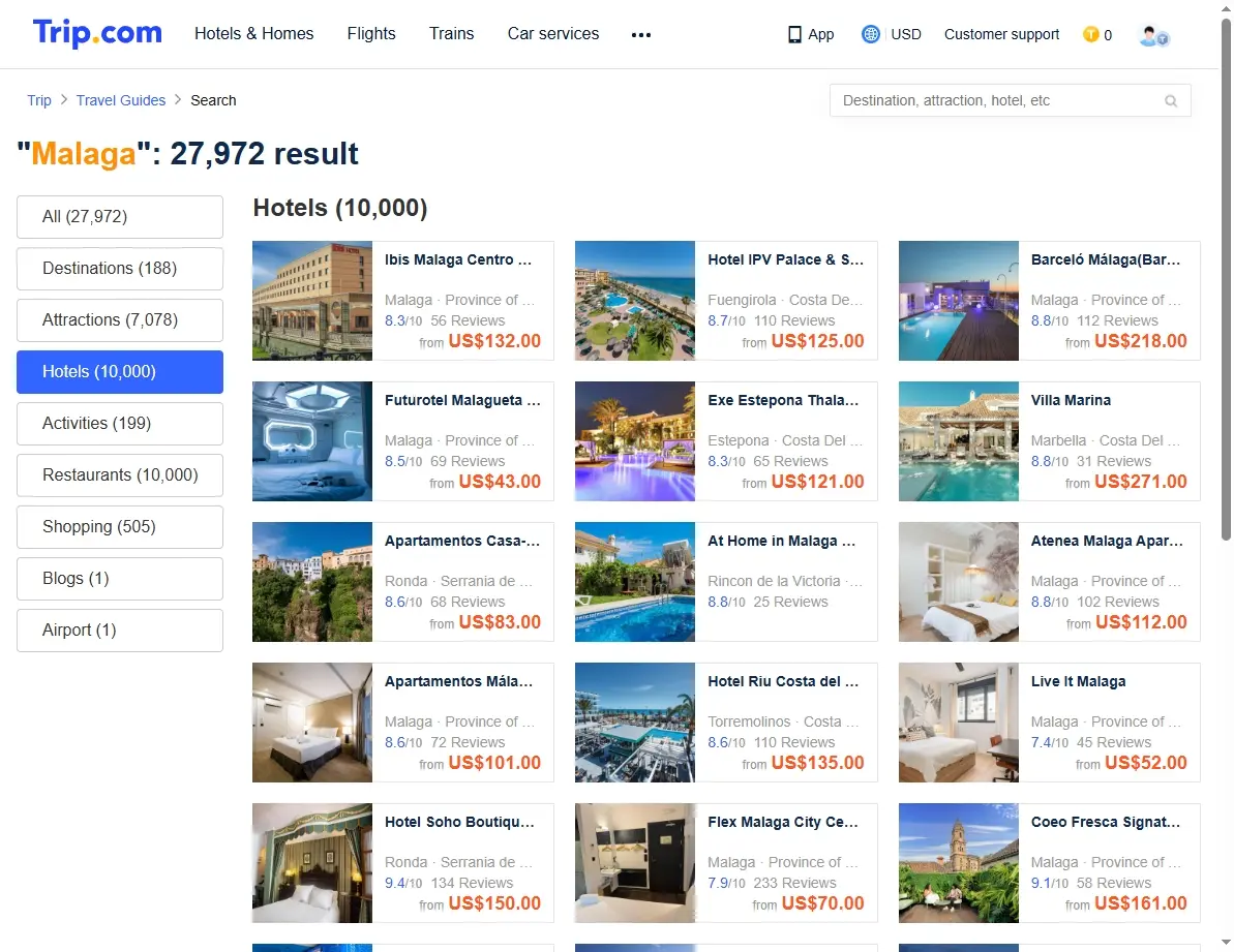 Screenshot of hotel offers in Malaga, Spain