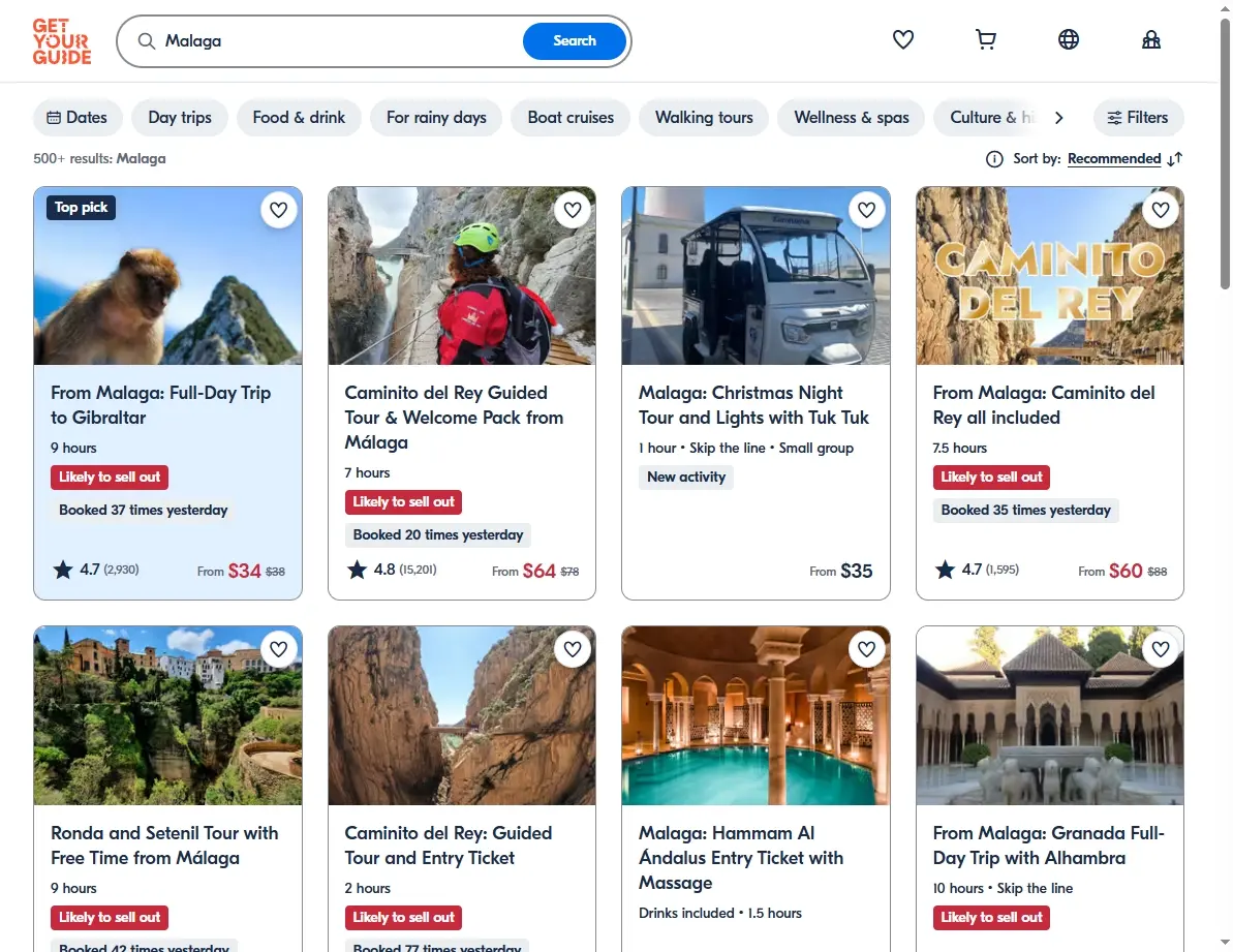 Screenshot of activity and tour offers in Malaga, Spain