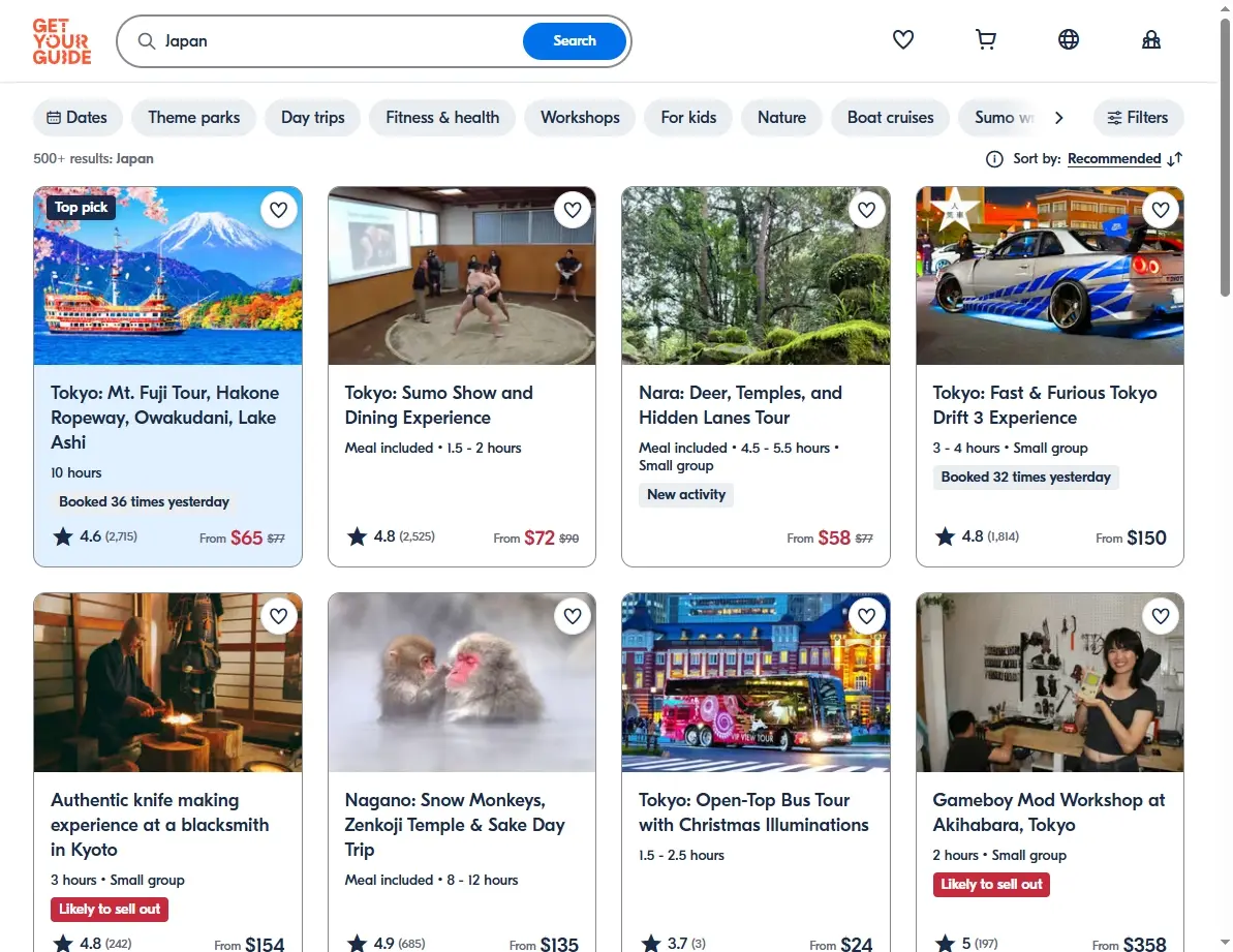 Screenshot of activity booking platform for Japan