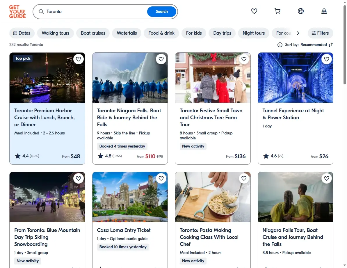 A screenshot of an activities website showing tours and attractions in Toronto.