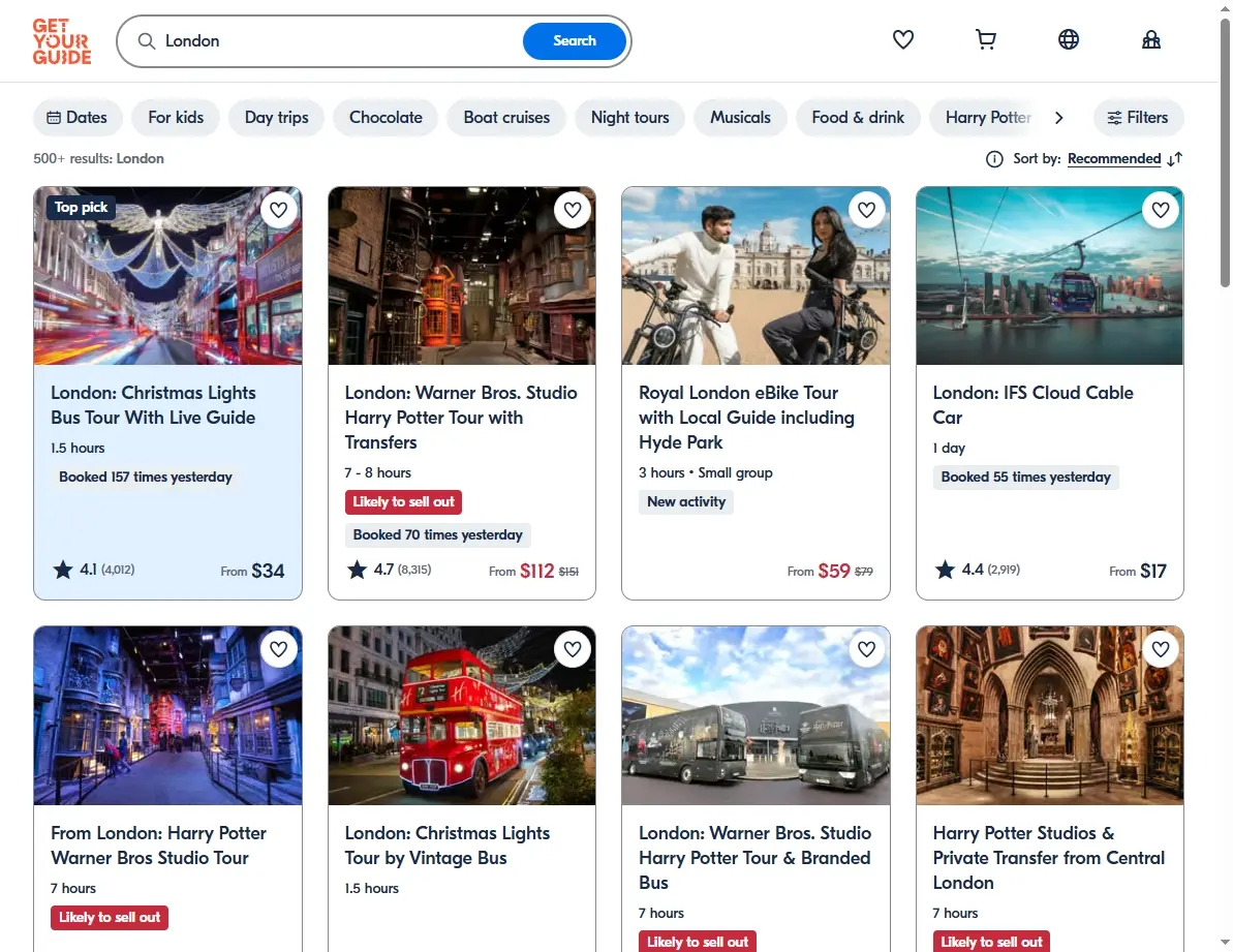 Screenshot of London activity and tour booking site.