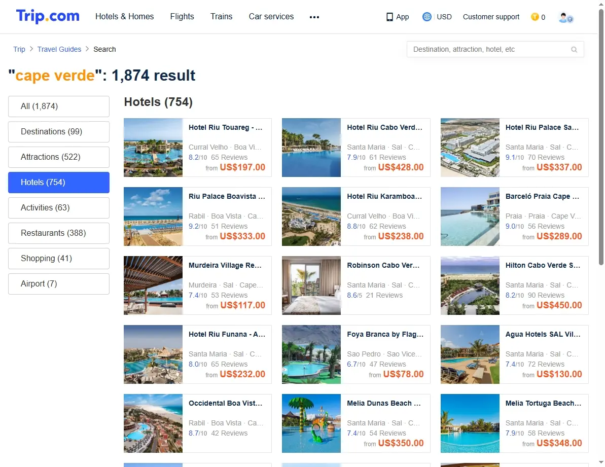 Screenshot of hotel offers for Cape Verde on Trip.com