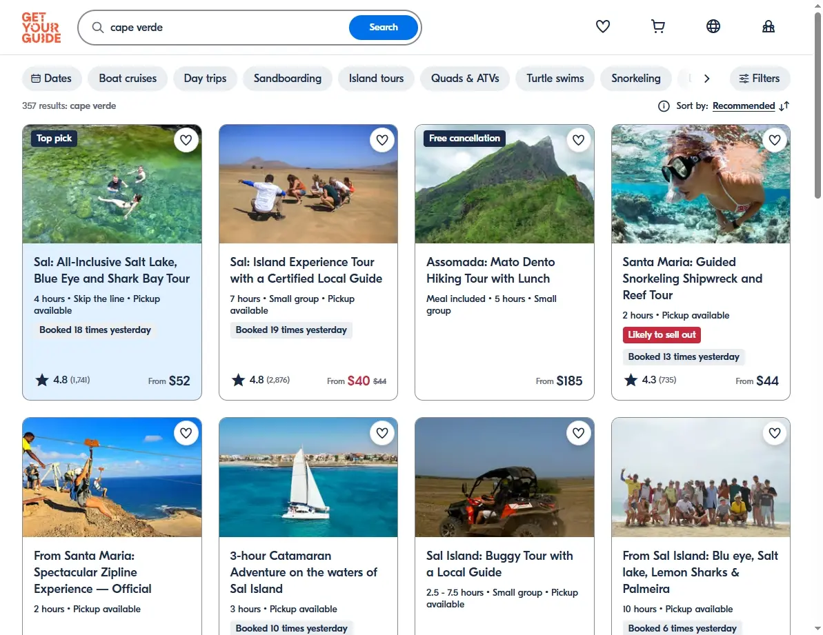 Screenshot of activities and excursions available in Cape Verde on GetYourGuide