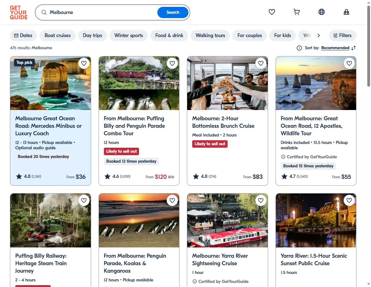 Screenshot of activities and tours available in Melbourne