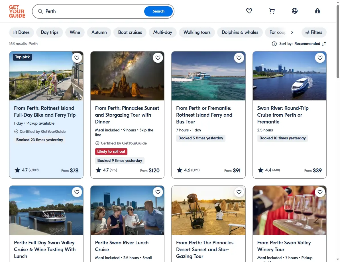 Perth Activities Booking Screenshot