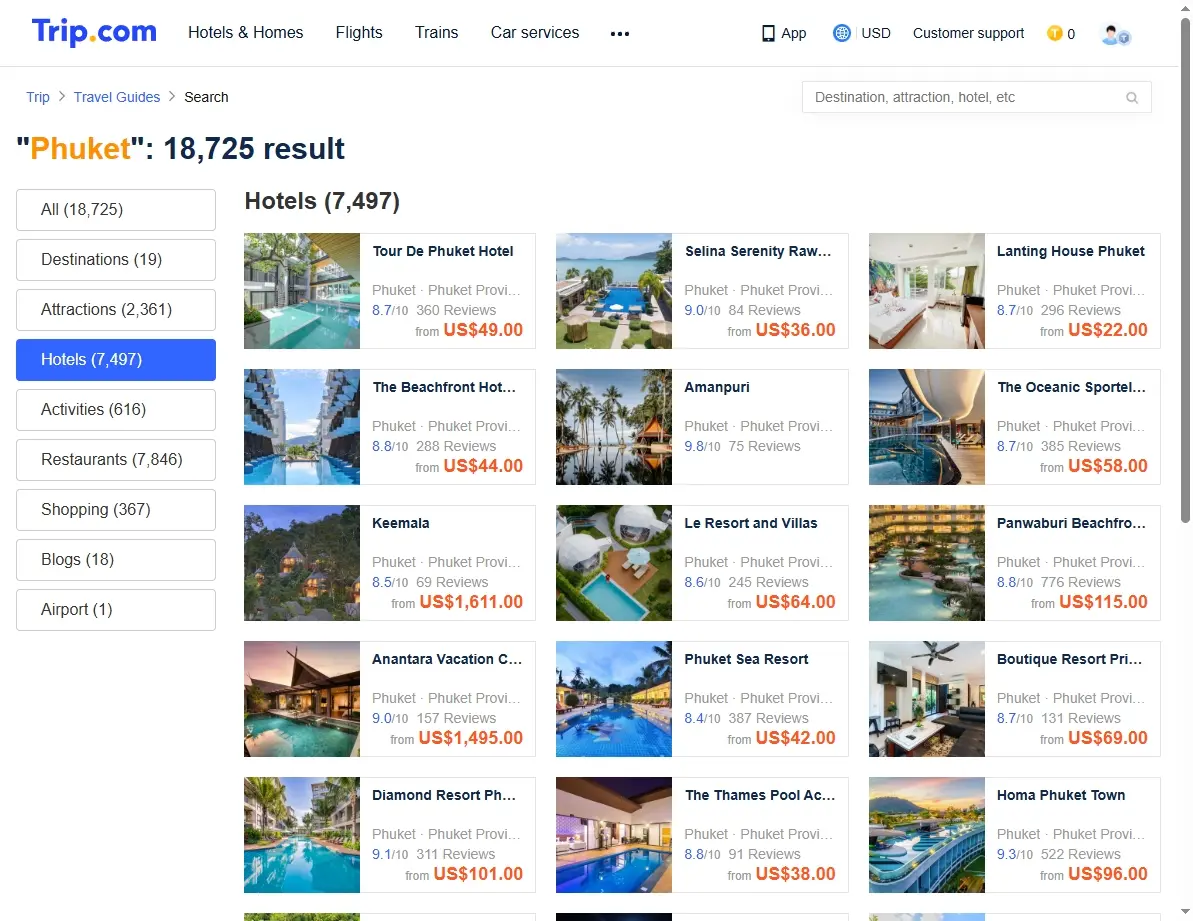 Screenshot of hotel offers in Phuket.