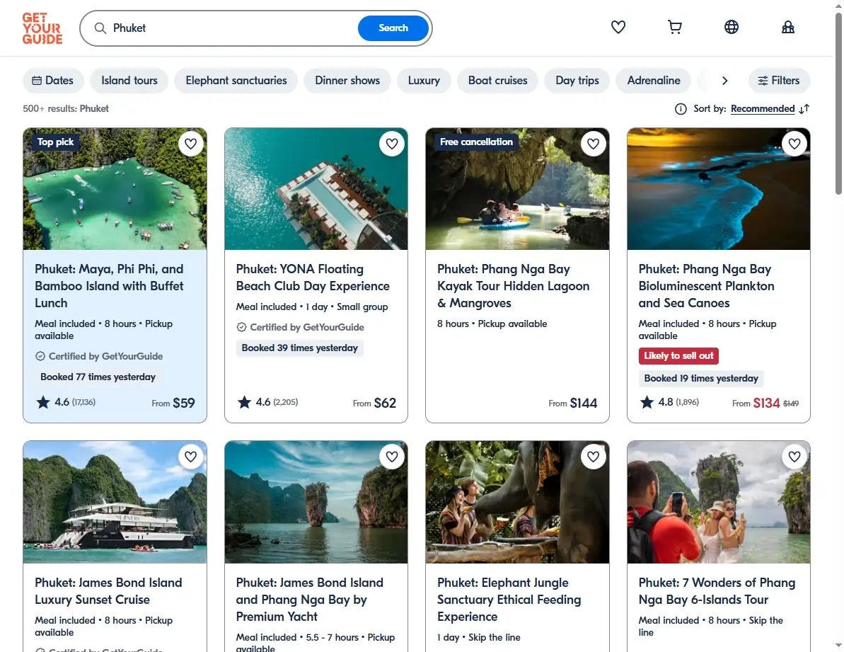 Screenshot of activities and tours available in Phuket.