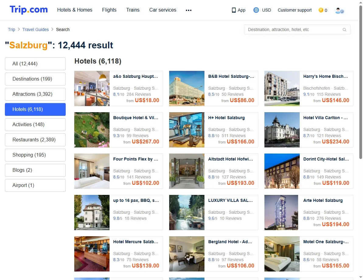 Screenshot of hotel search results page for Salzburg.