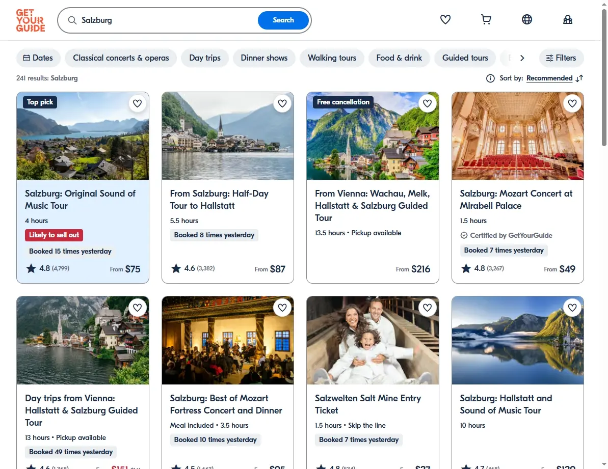 Screenshot of activity and tour booking site for Salzburg.