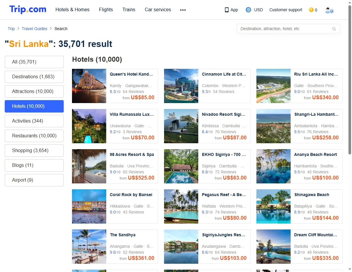 Screenshot of hotel offers in Sri Lanka on a booking website.