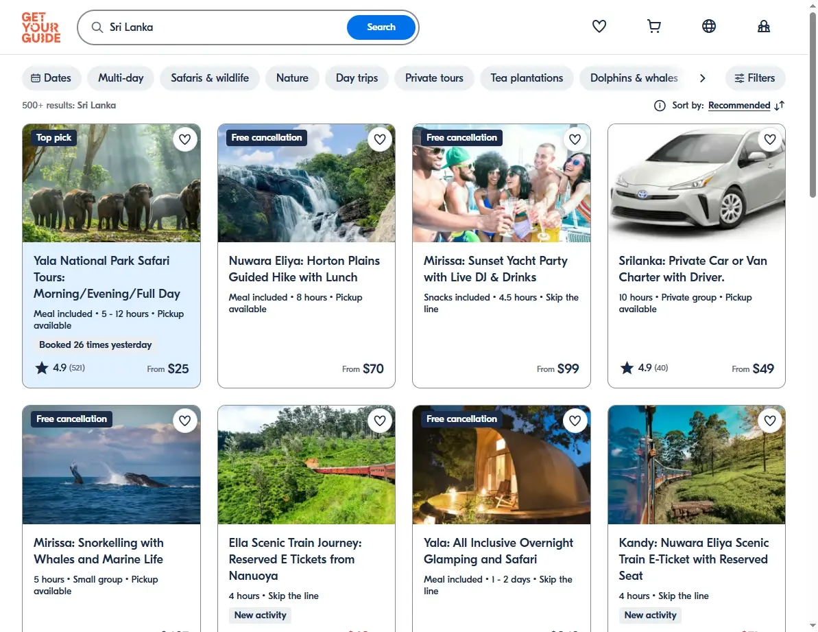 Screenshot of activities and tours available in Sri Lanka.