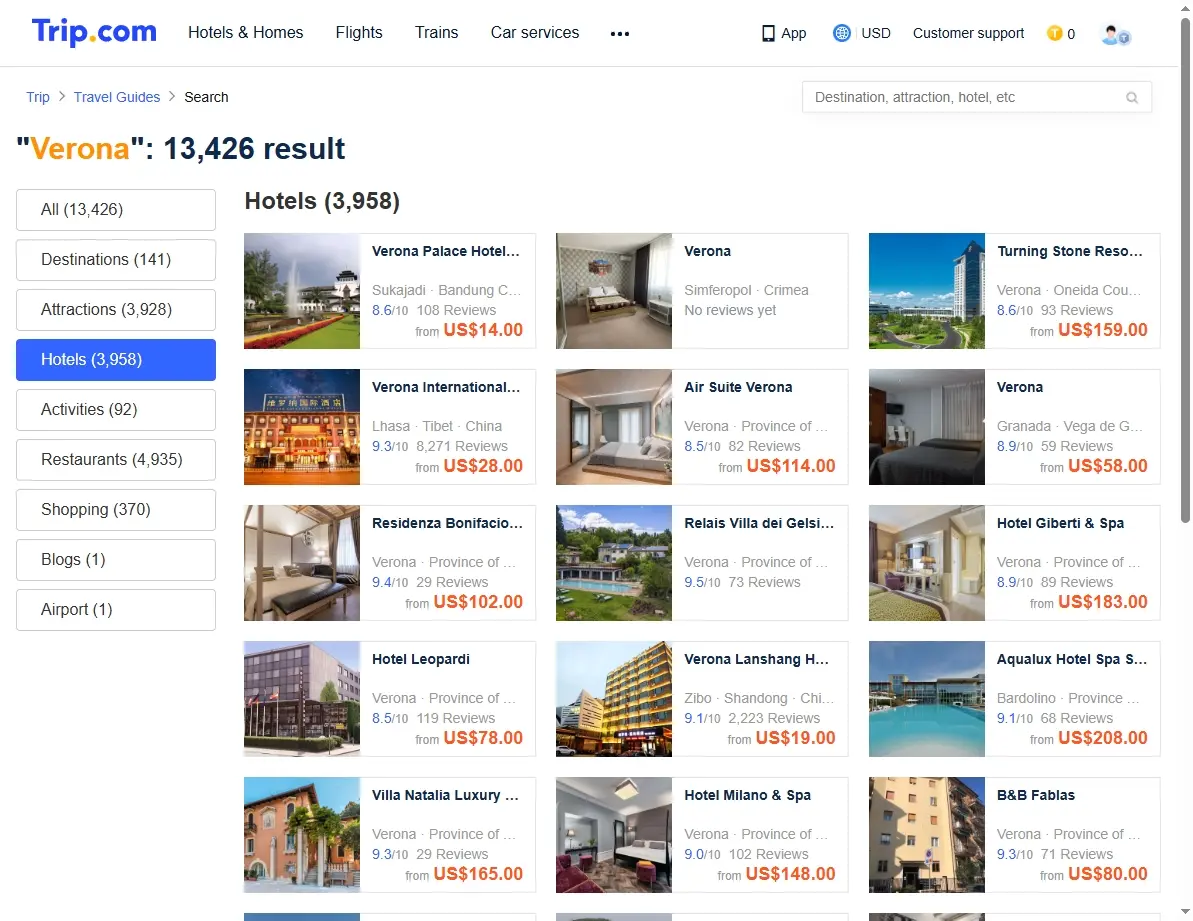 Screenshot of a hotel booking website showing offers in Verona.