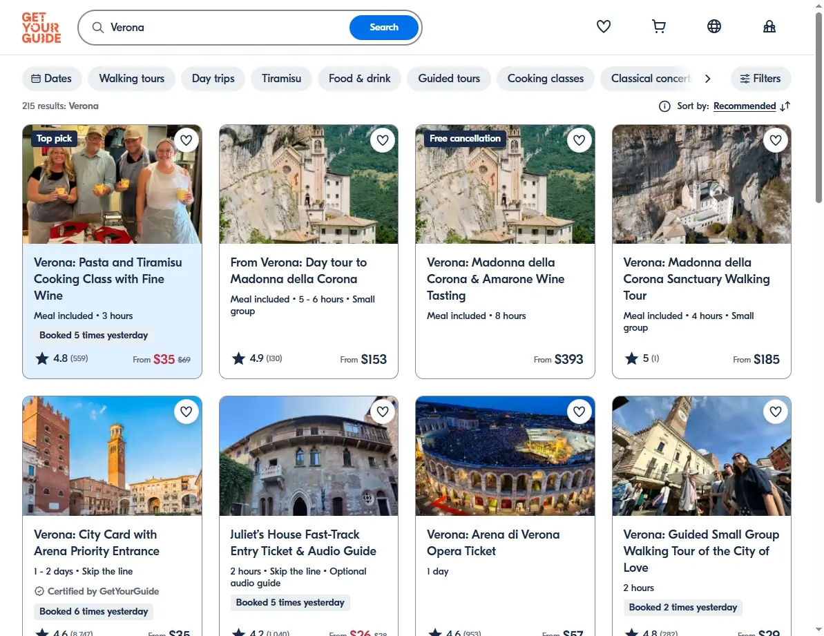 Screenshot of an activity booking website showing tours in Verona.