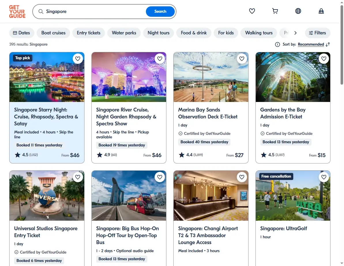 Screenshot of activity and tour offers in Singapore.