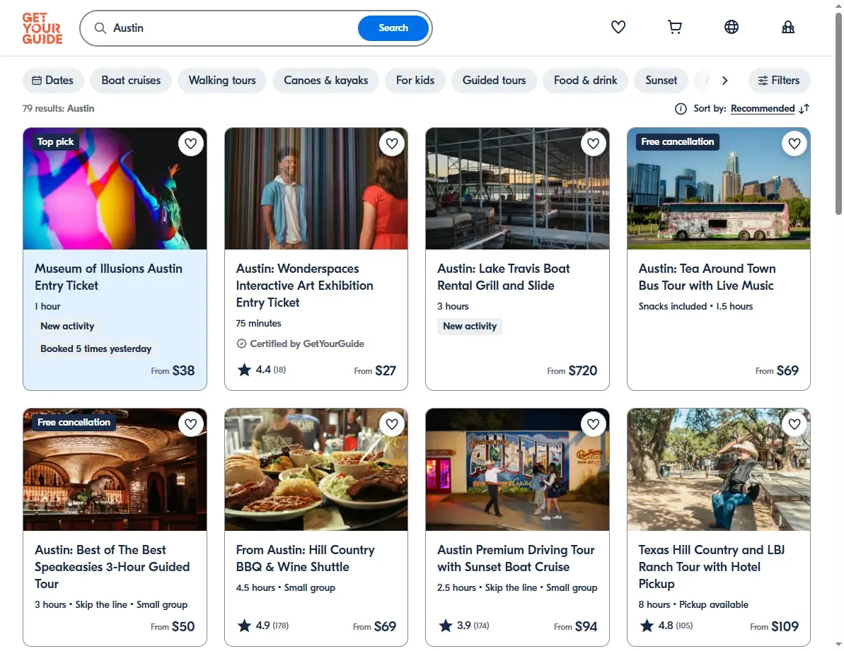 A screenshot showing activities and tours available in Austin on a booking website.