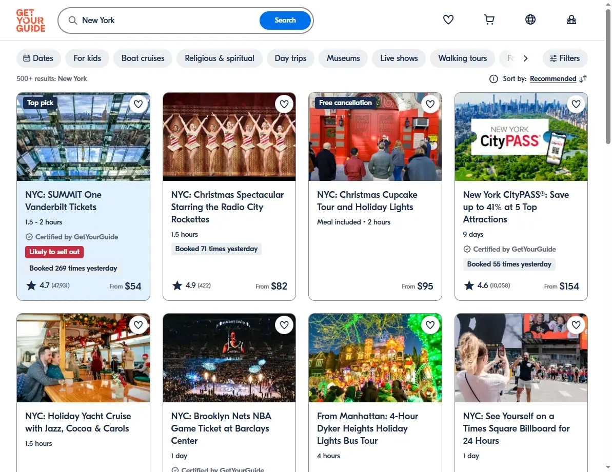Screenshot of New York activities and tours offers.