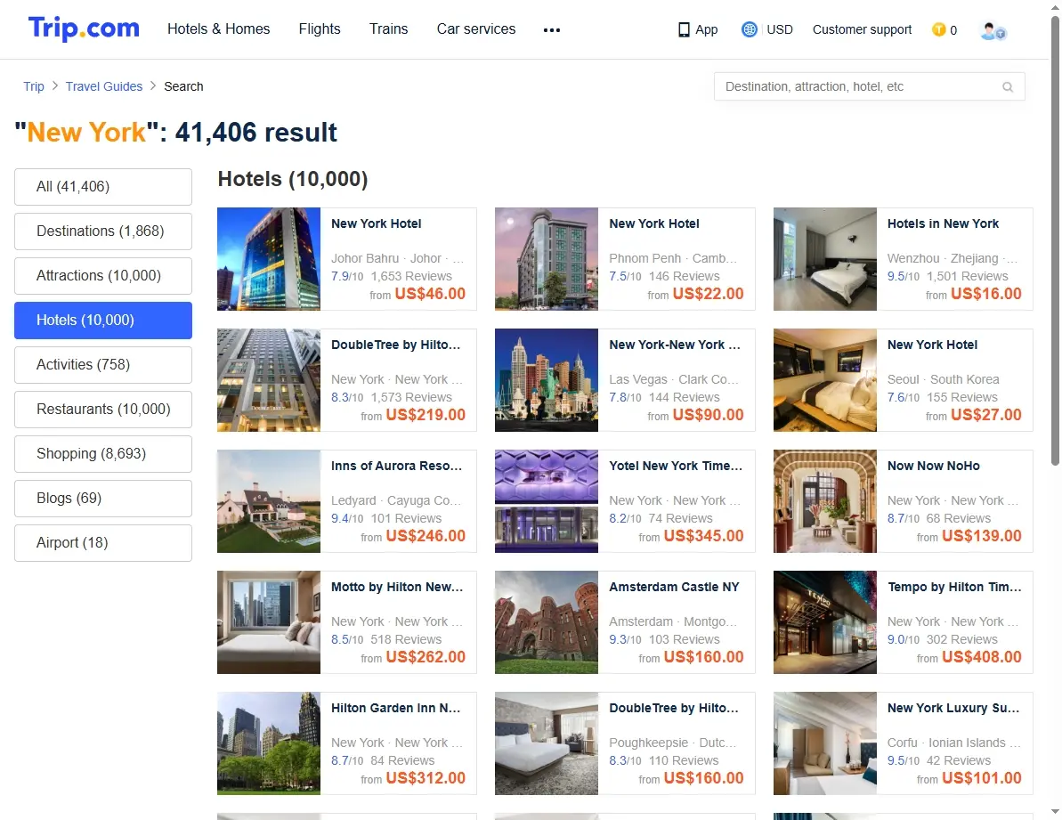 Screenshot of hotel listings and deals for New York City accommodation.