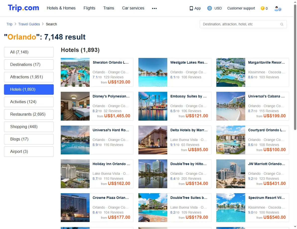 Screenshot of hotel offers in Orlando