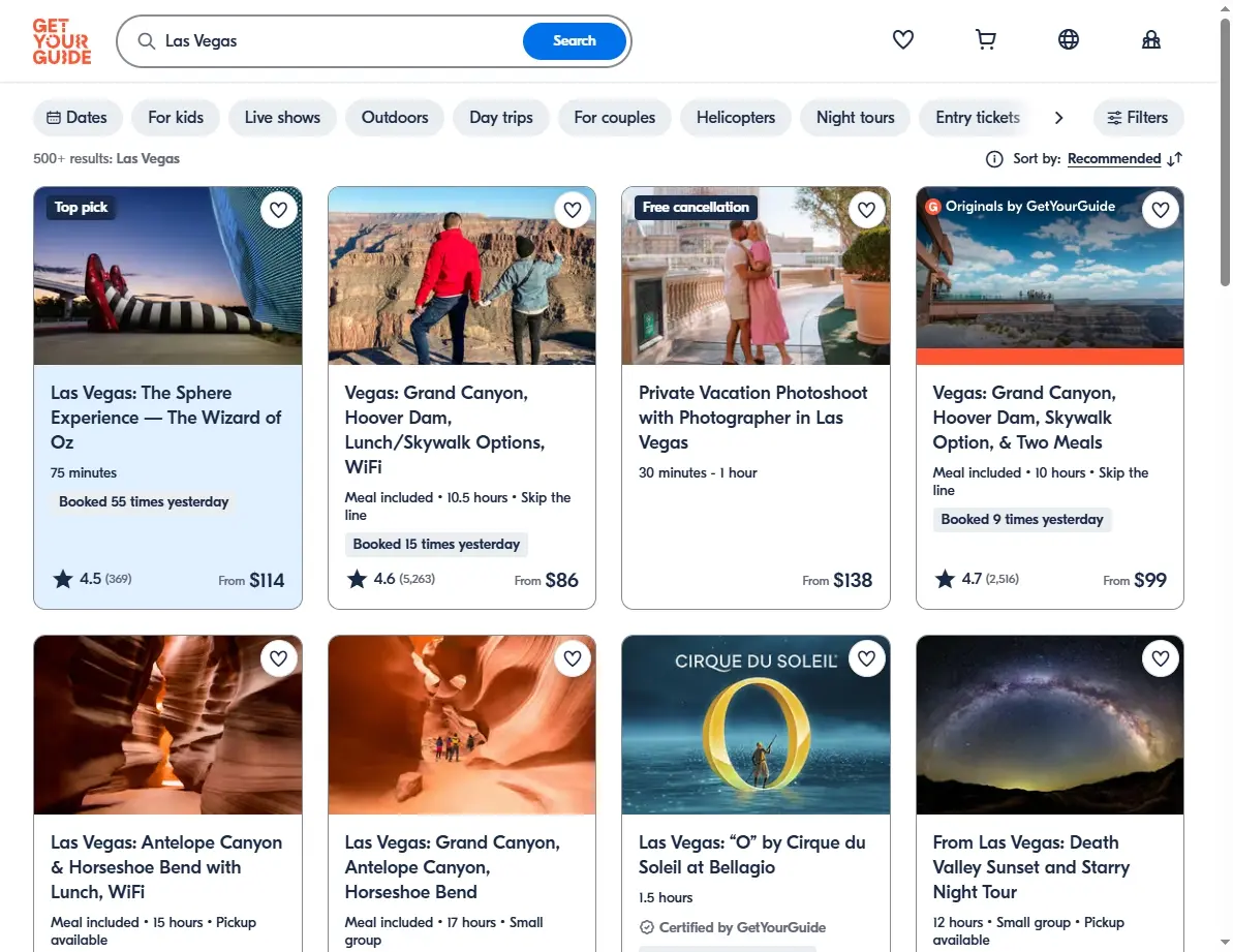 Screenshot showing activities and tours in Las Vegas