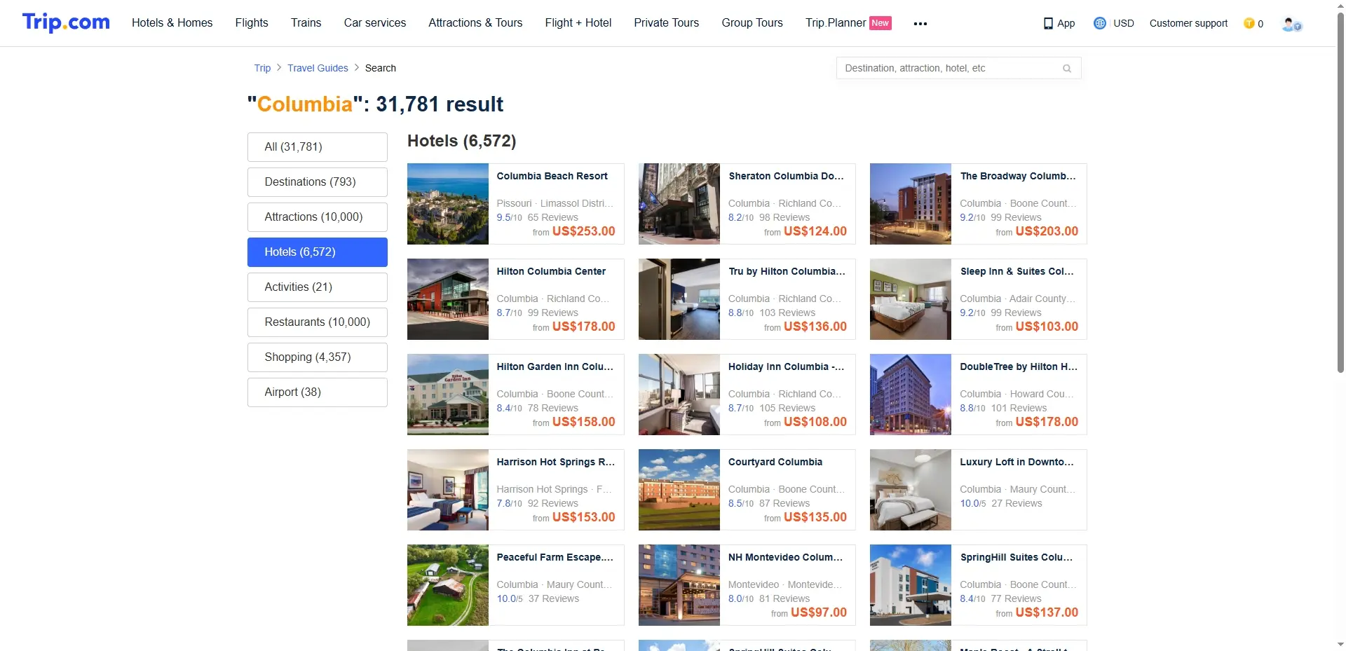 Screenshot of hotel offers for Columbia, SC on Trip.com