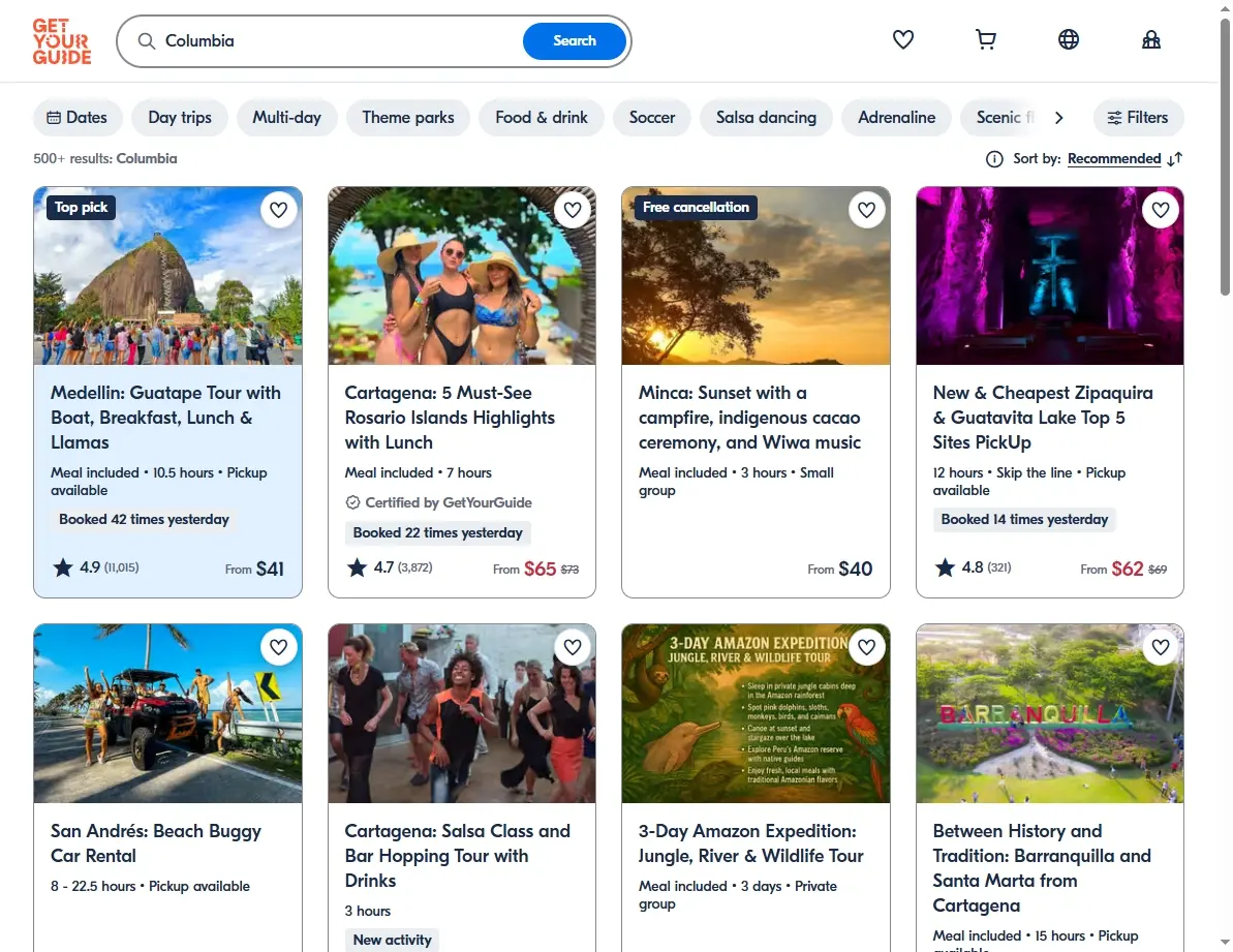 Screenshot of activities and tours available in Columbia, SC on GetYourGuide.