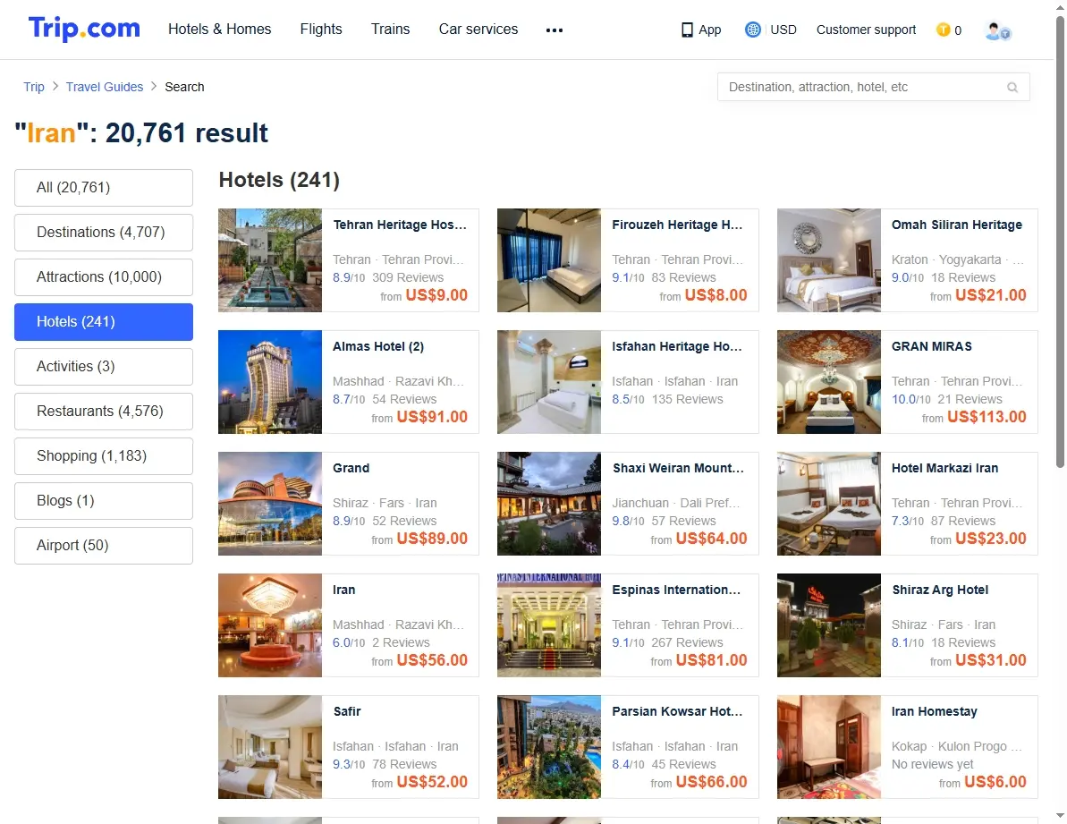 Screenshot of hotel search results for Iran on Trip.com