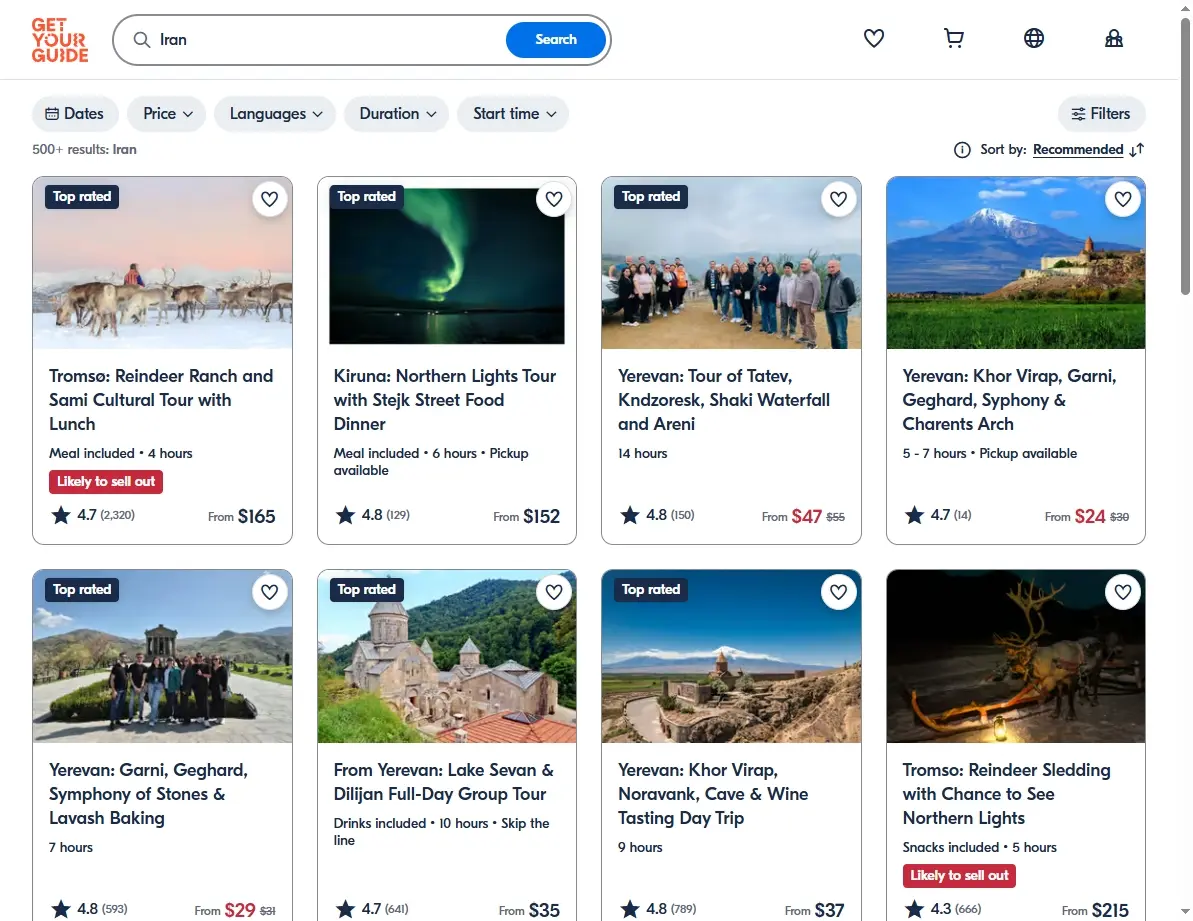 Screenshot of activity search results for Iran on GetYourGuide