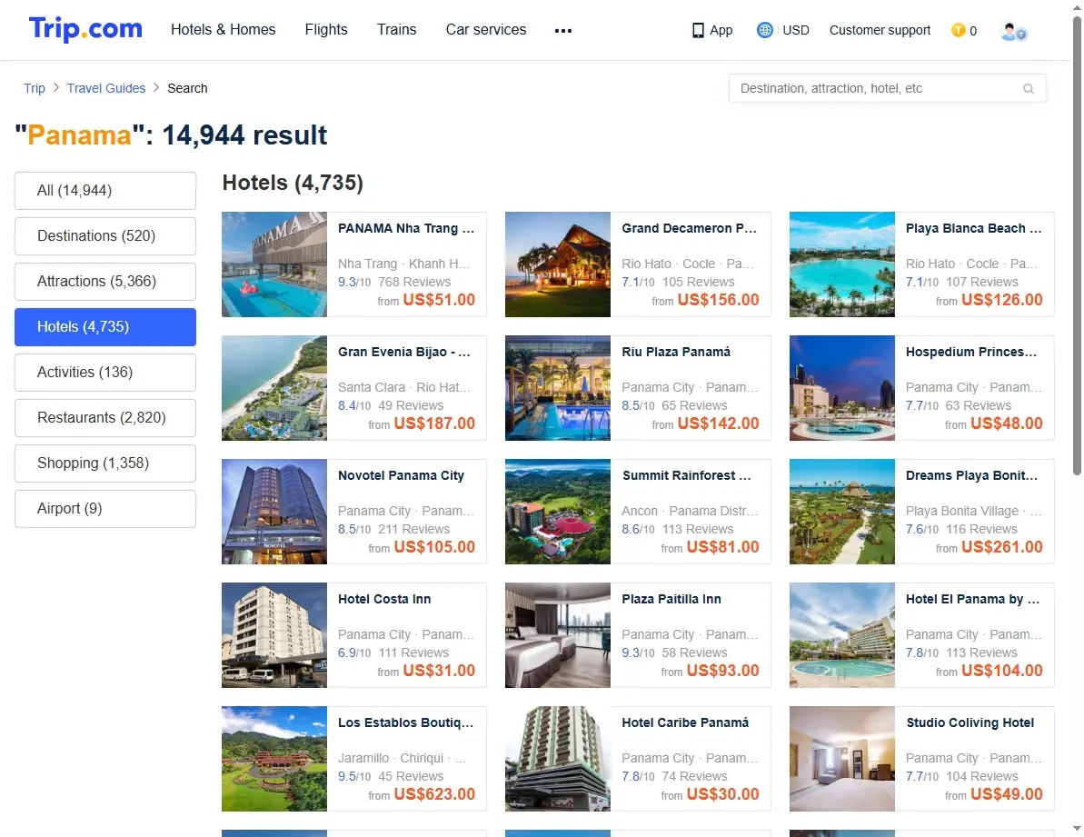 Screenshot of Trip.com showing various hotel offers in Panama City