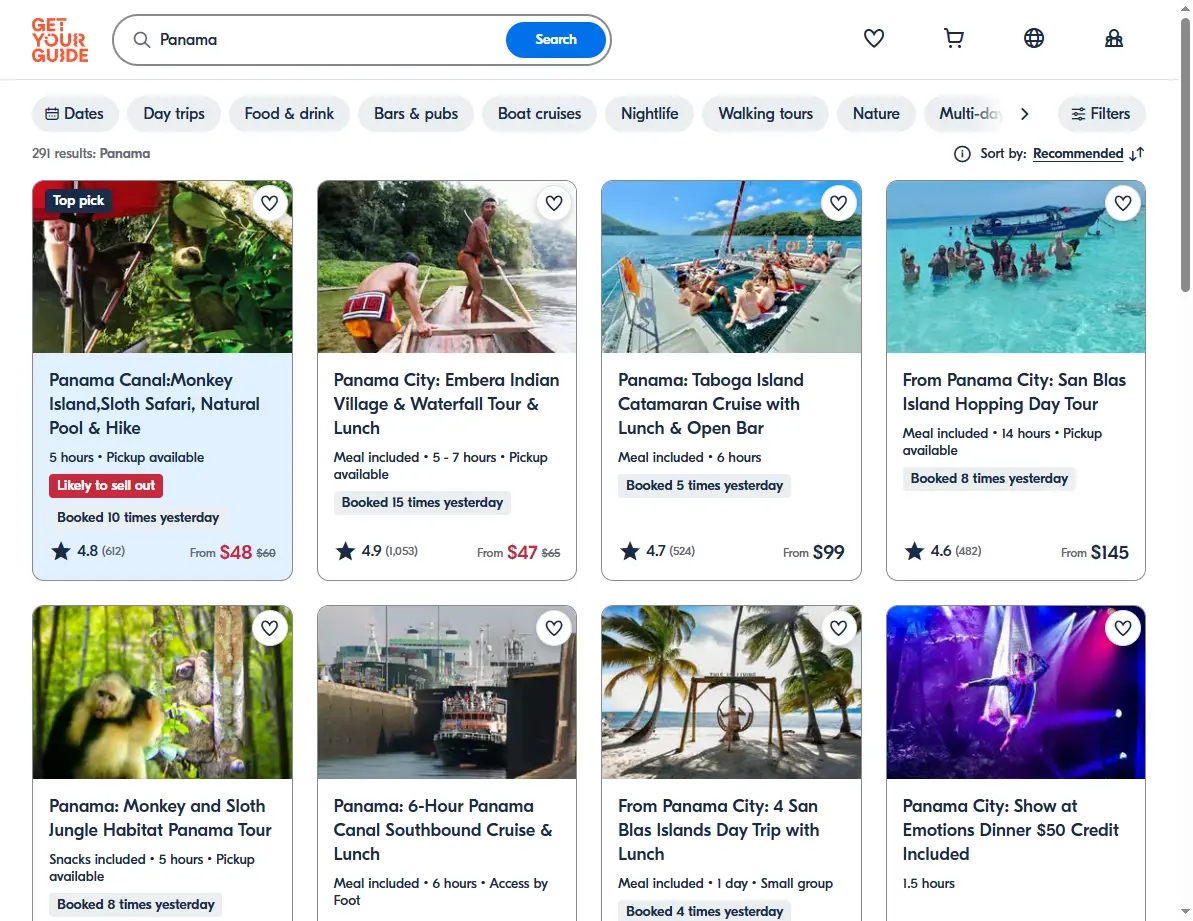 Screenshot of GetYourGuide showing activities like canal tours and jungle excursions