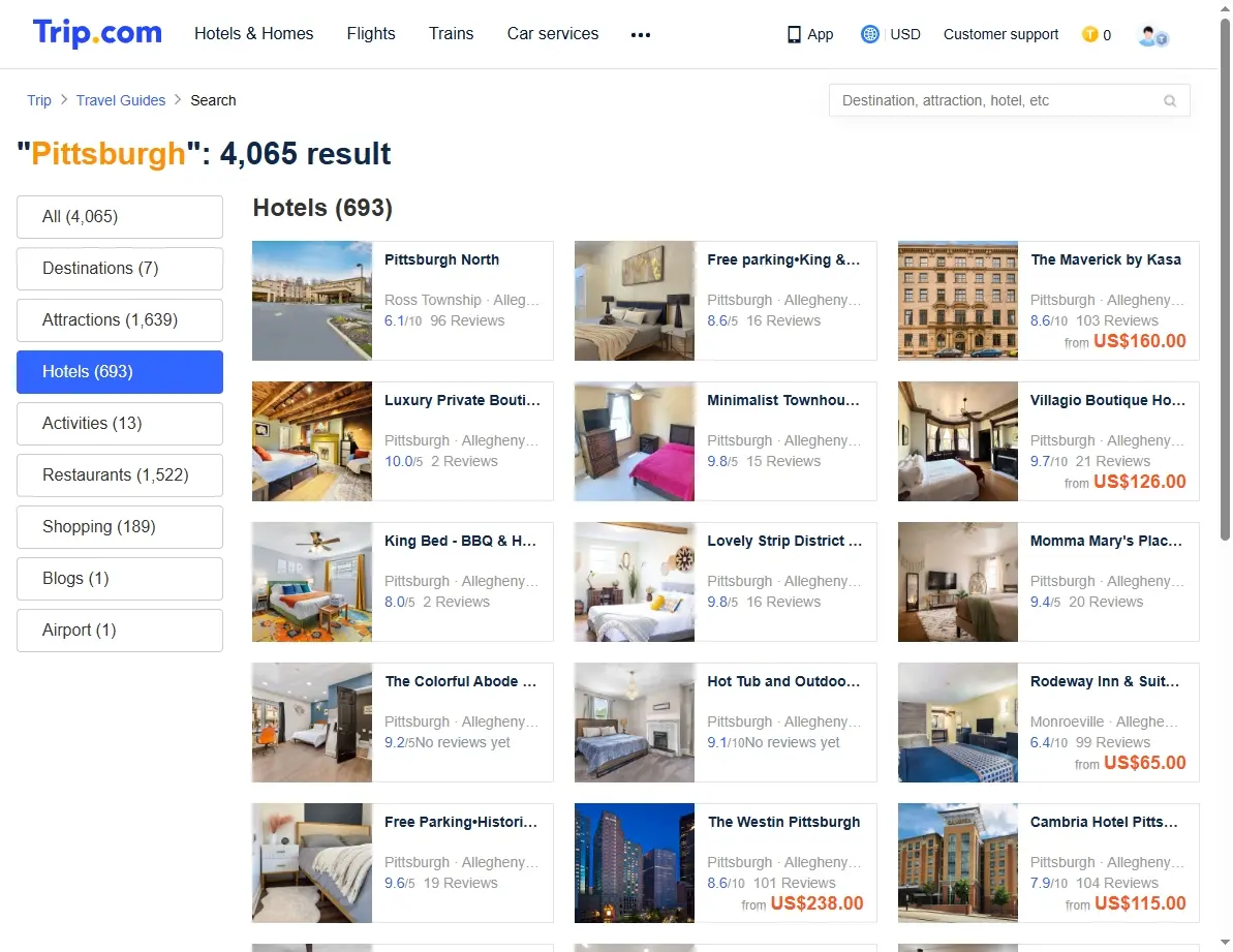 Screenshot showing hotels and deals in Pittsburgh.