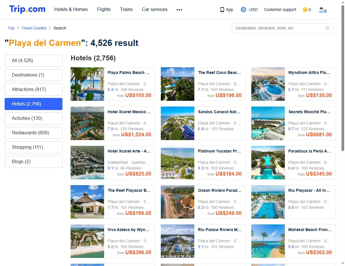 Screenshot of a hotel booking website showing various deals in Playa del Carmen.