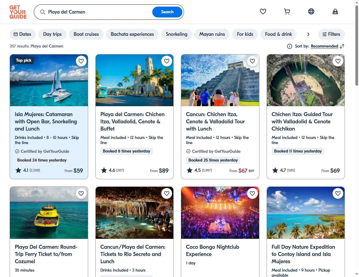 Screenshot of an activities booking website showing popular tours like cenotes and Tulum excursions.