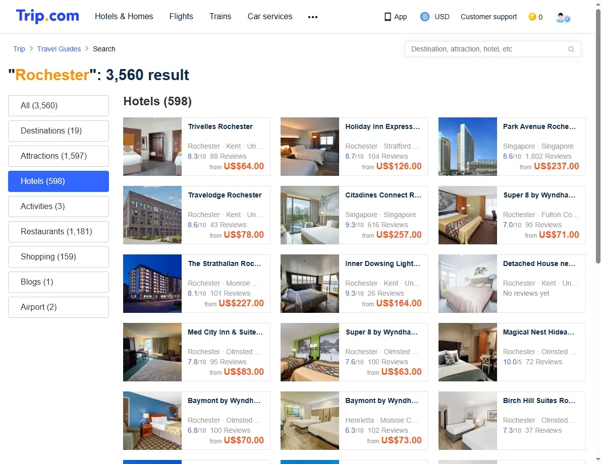 Screenshot showing hotel deals in Rochester, NY.