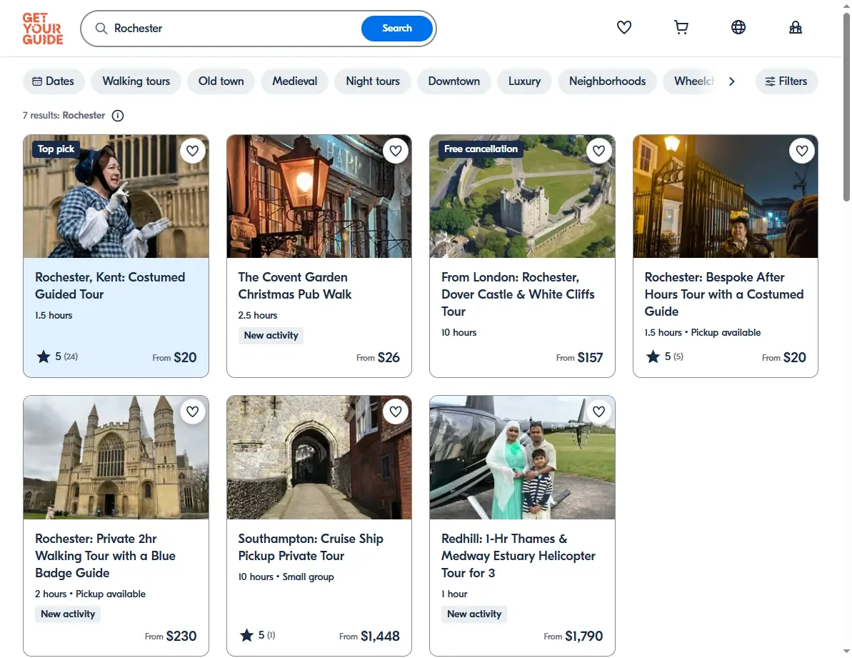 Screenshot showing activities and tours in Rochester, NY.