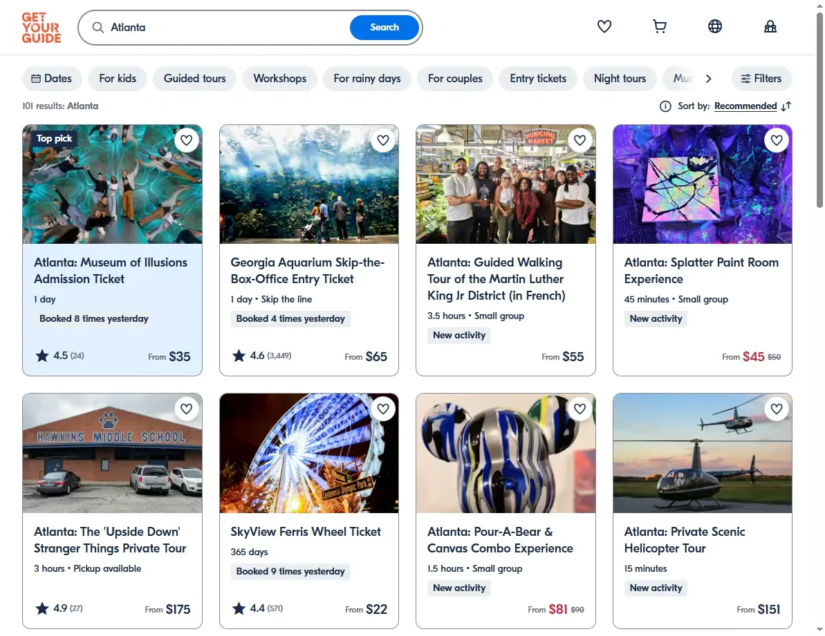 Screenshot of GetYourGuide website showing popular activities and tours in Atlanta.