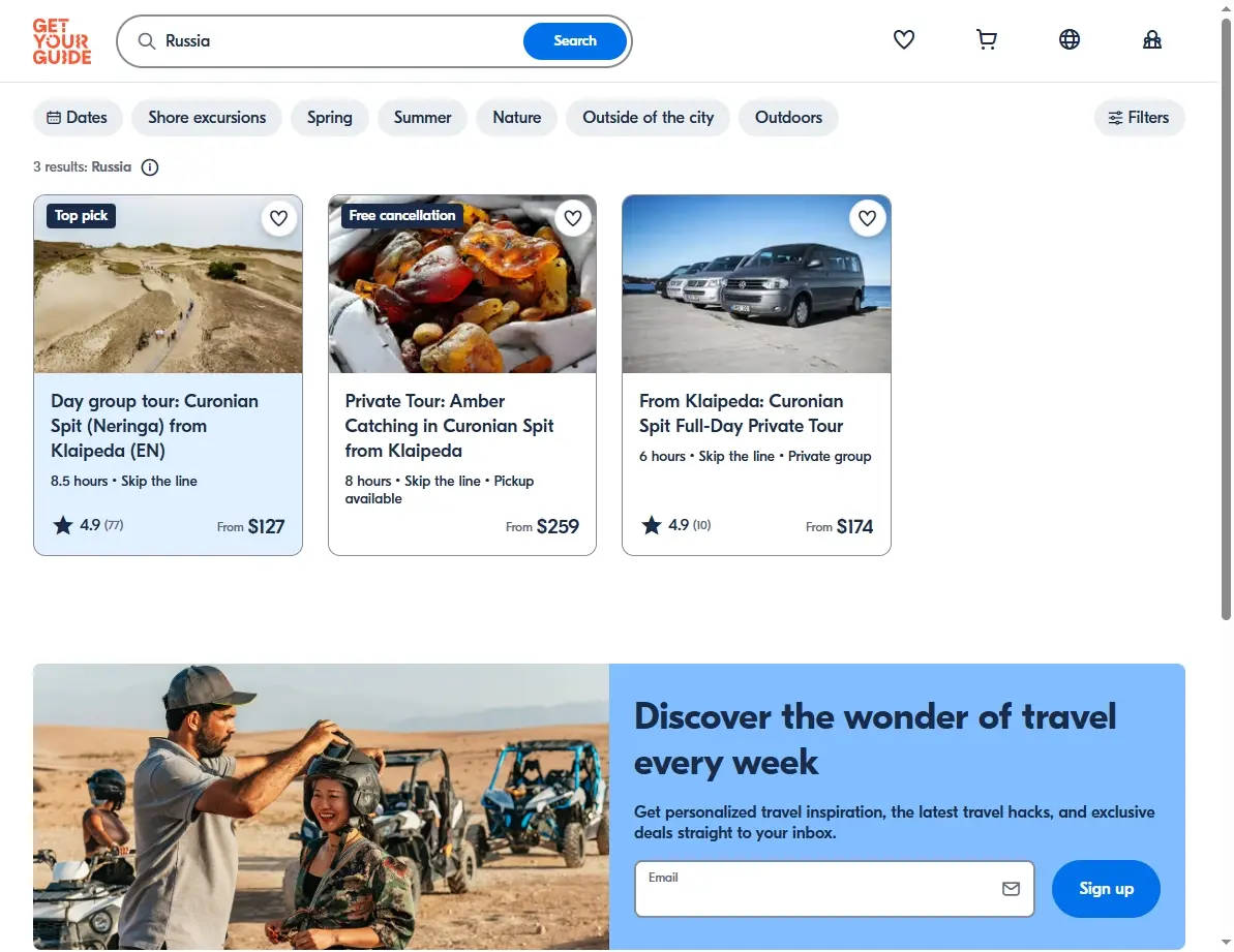 Screenshot of activities and tours in Russia