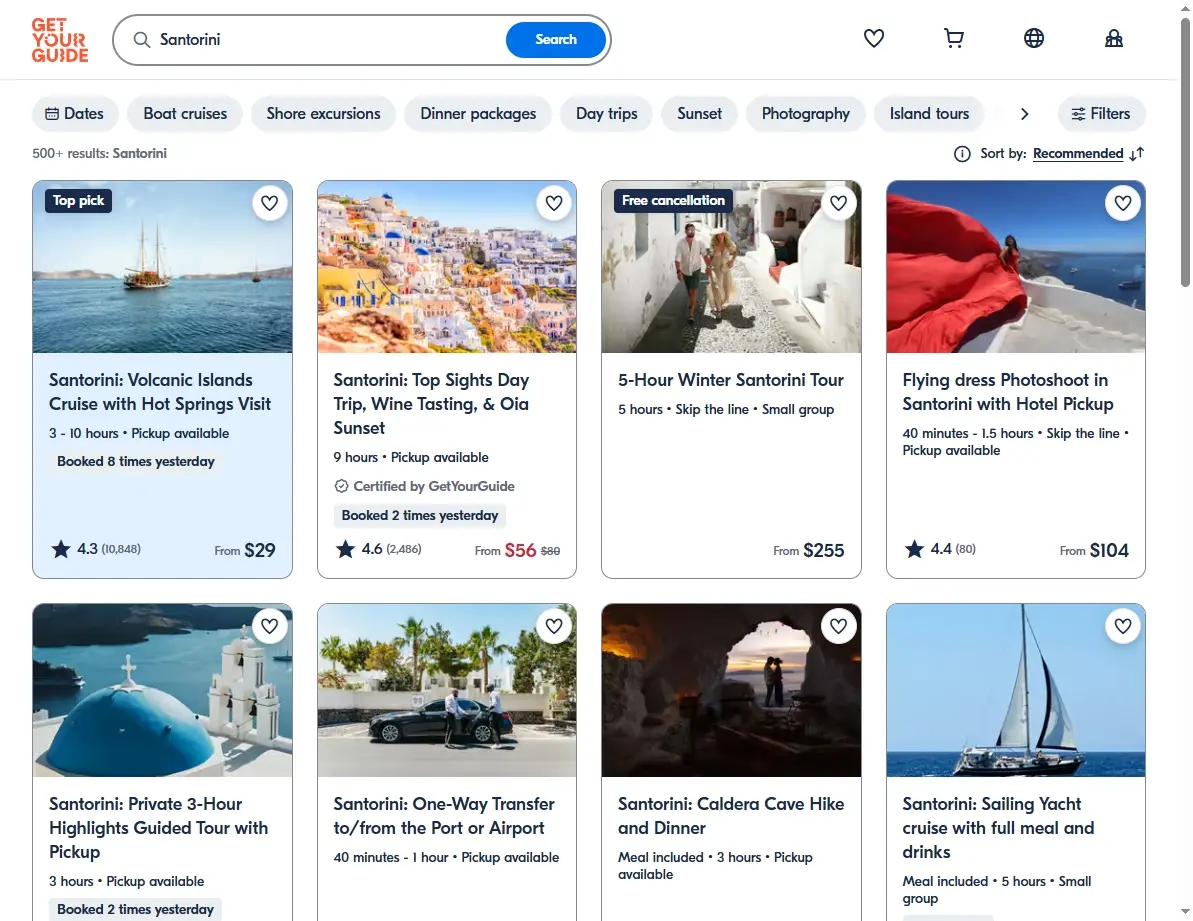 Screenshot of GetYourGuide showing popular activities and tours in Santorini, Greece, like volcano hikes and wine tasting.