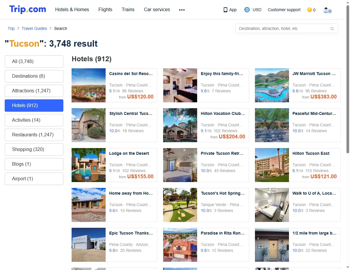 Screenshot showing hotel offers in Tucson on Trip.com