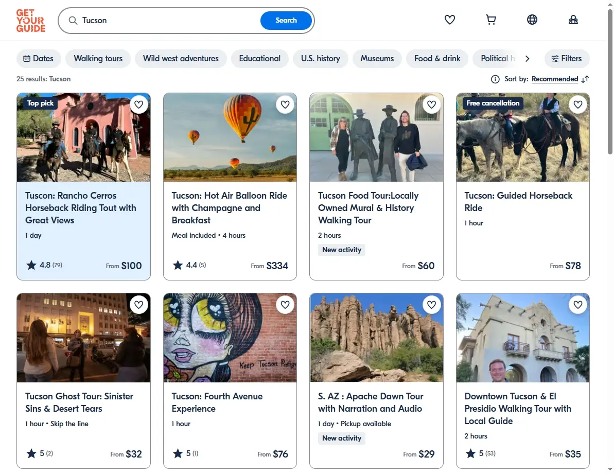 Screenshot showing activities and tours in Tucson on GetYourGuide