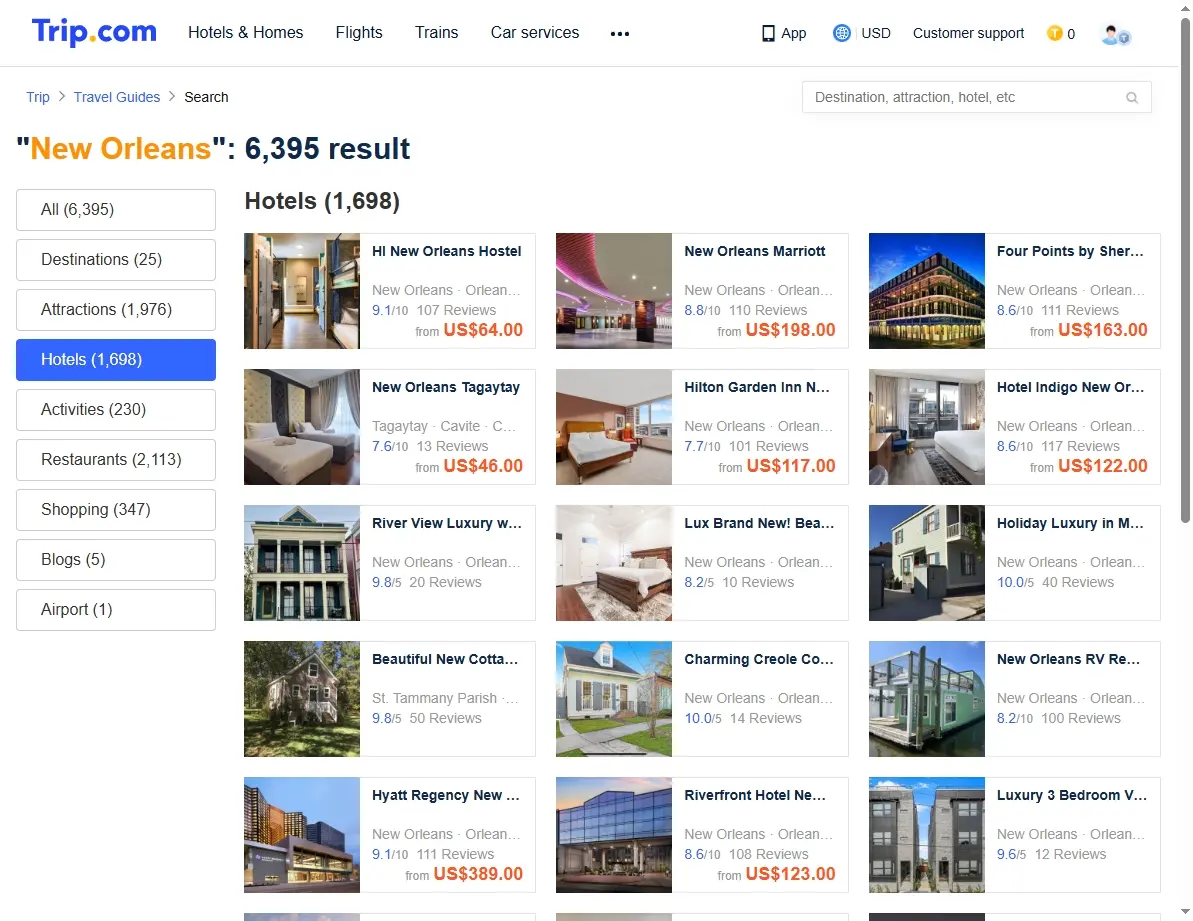 Screenshot showing hotels available in New Orleans, Louisiana