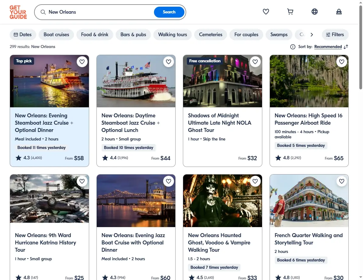 Screenshot showing activities and tours available in New Orleans, Louisiana