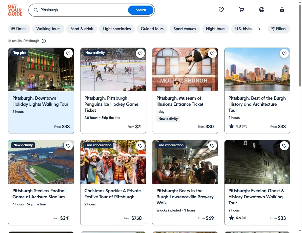 Screenshot of activity booking website showing Pittsburgh tours and activities
