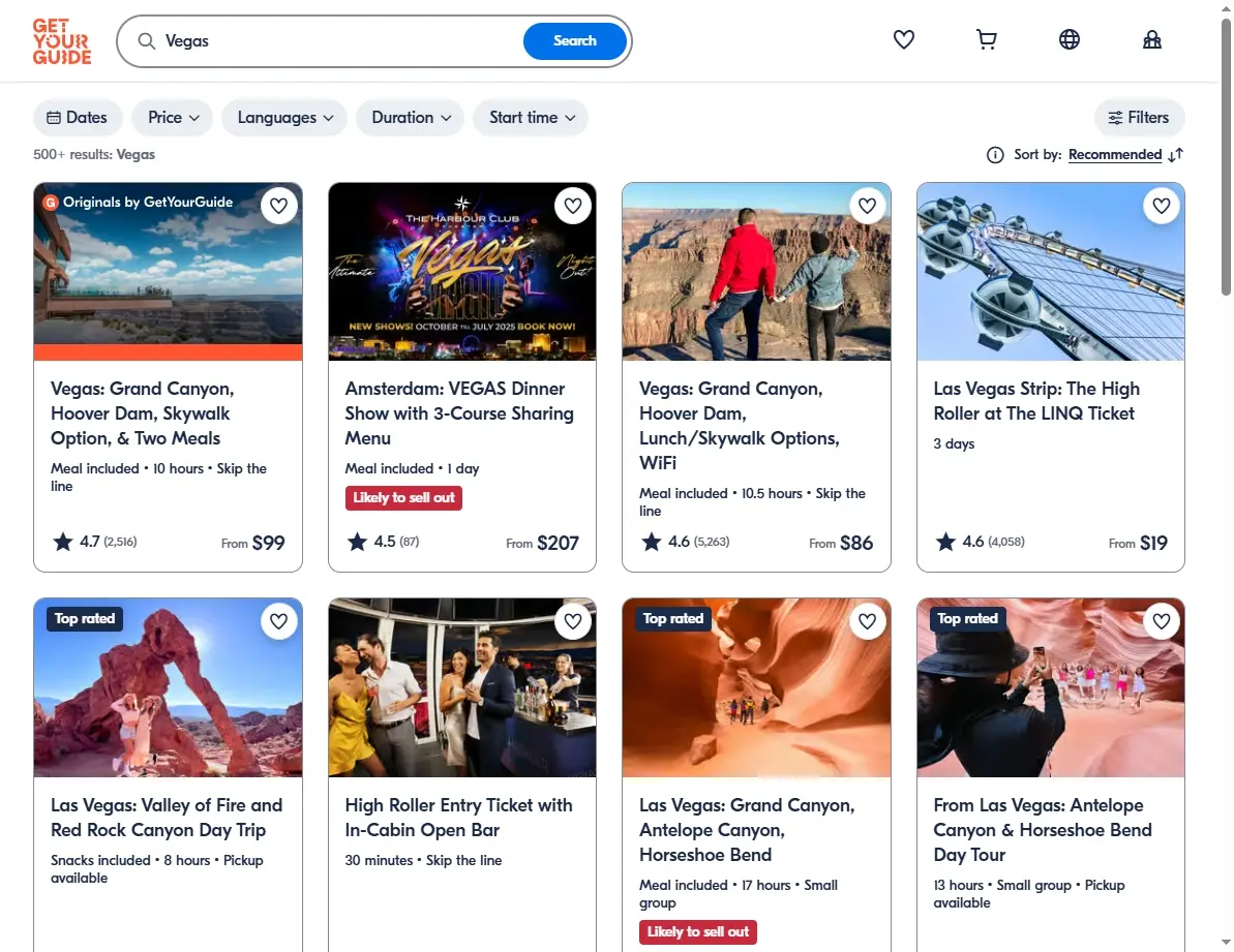 Screenshot of an activity booking website showing tours and shows in Las Vegas.