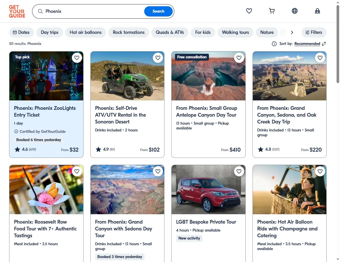 Screenshot of activity and tour offers in Phoenix, Arizona.