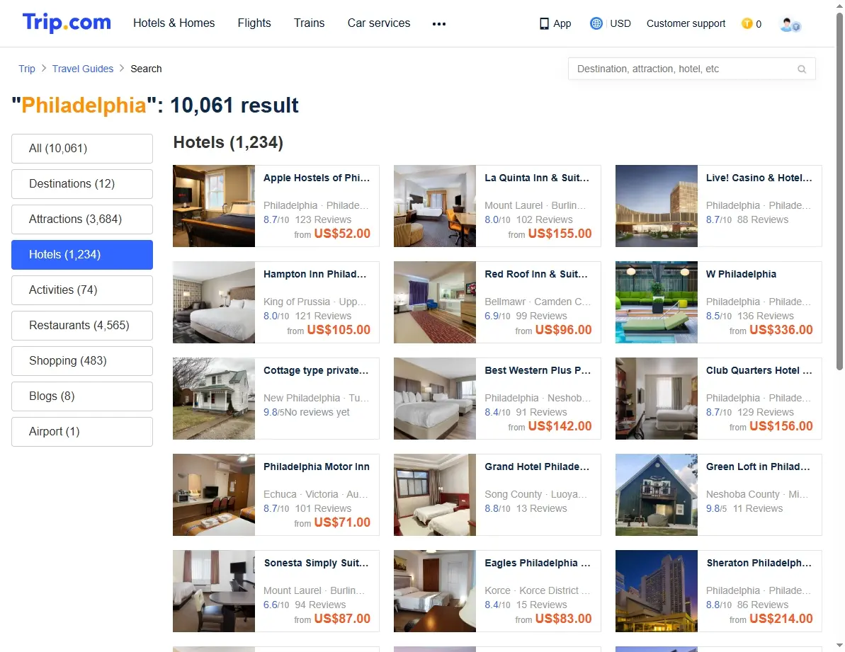 Screenshot of Philadelphia hotel booking offers