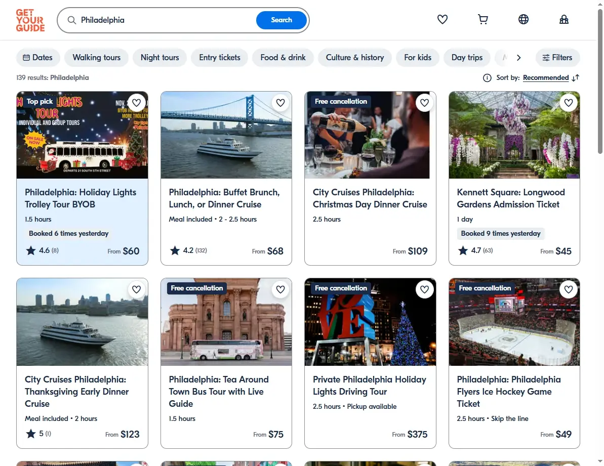 Screenshot of Philadelphia tourist activities and tours