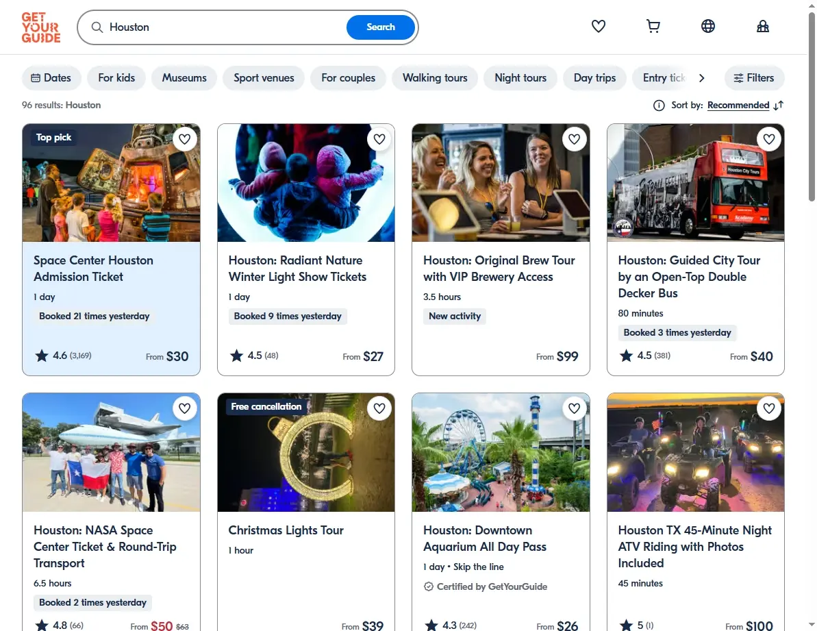 A screenshot of an activity booking website showing tours for the Johnson Space Center.
