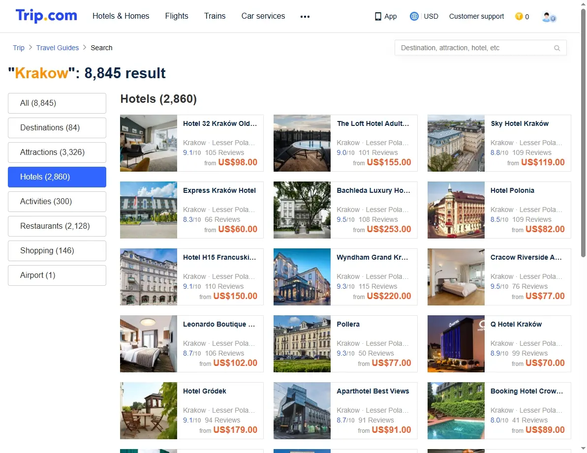 Screenshot of hotel booking website showing Krakow offers