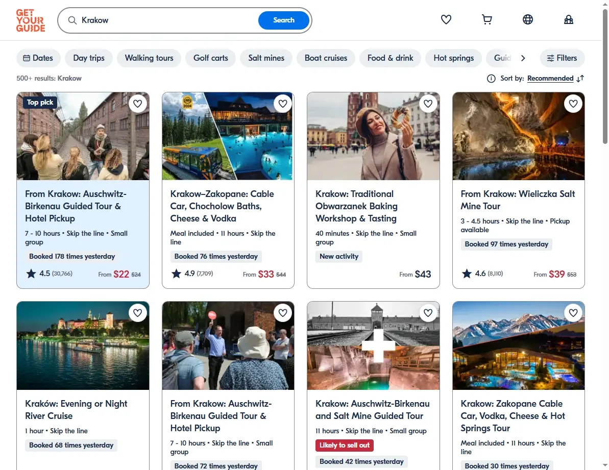 Screenshot of activity booking website showing Krakow tours