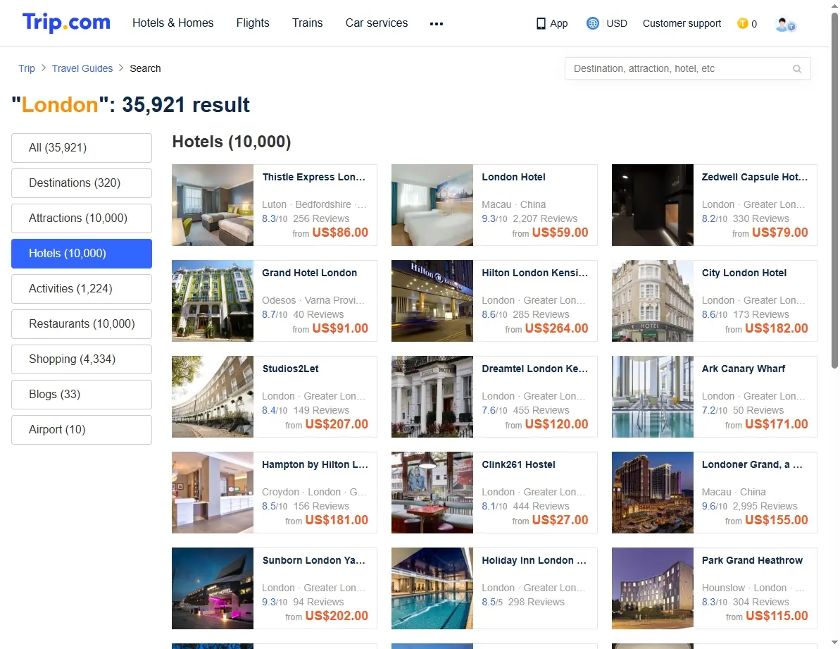 Screenshot of London hotel offers on Trip.com